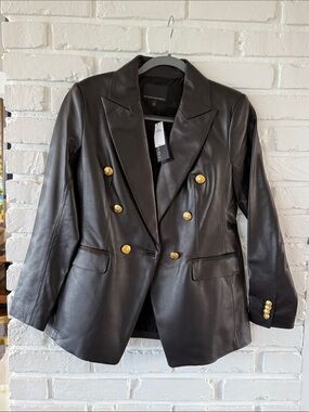 Banana Republic Black Leather Double-Breasted Blazer with Gold Buttons NWT 4